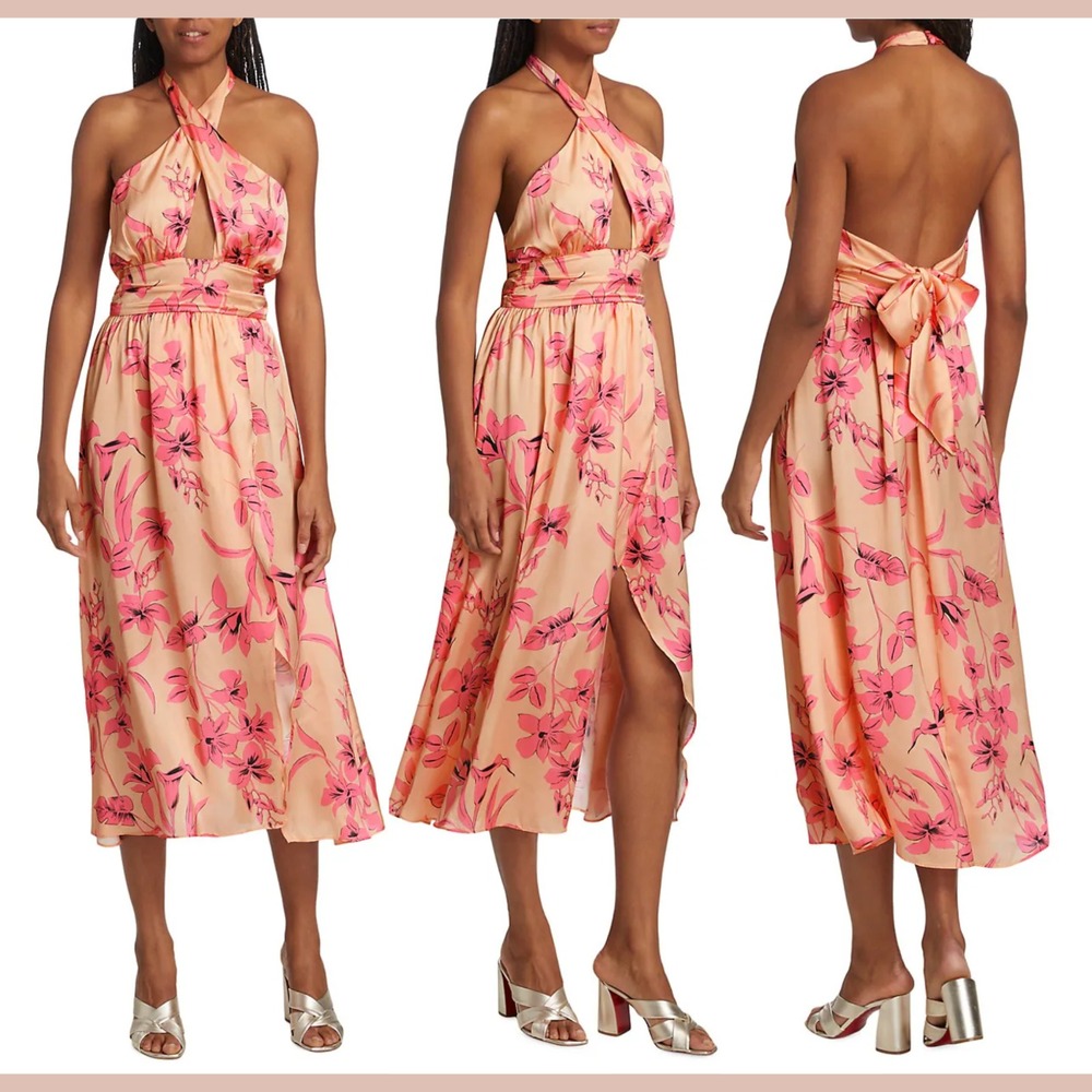 NEW $395 RAMY BROOK [ 6 ] Luna Floral Halter-neck Self-tie Back Midi Dress U1540